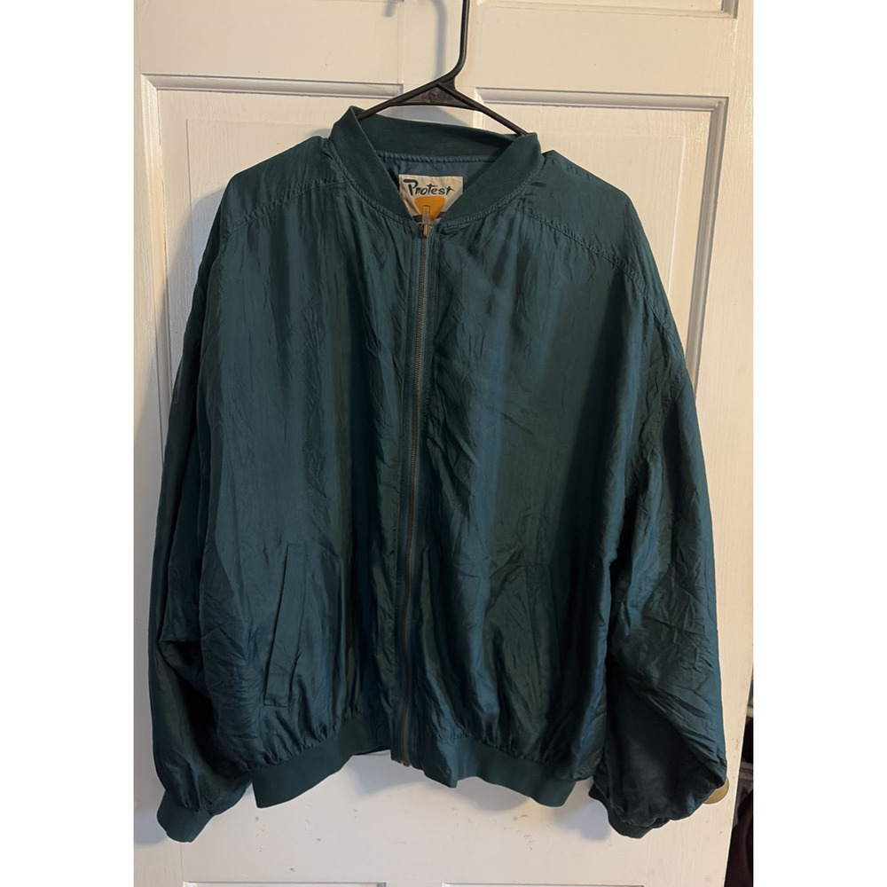 Vintage 80’s Protest 100% SILK Green Bomber Zip Jacket Men's XL Quiet Luxury